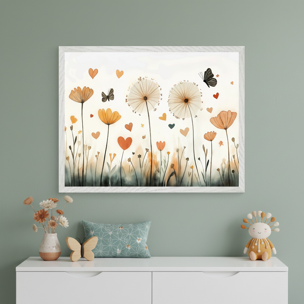 Kid's room with a framed watercolor painting of dandelions, flowers, hearts, and butterflies in warm tones hanging above a white dresser. A vase of flowers, a wooden butterfly, a patterned pillow, and a plush toy are on the dresser.
