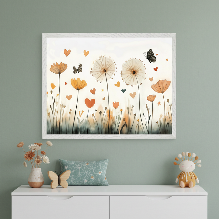Kid's room with a framed watercolor painting of dandelions, flowers, hearts, and butterflies in warm tones hanging above a white dresser. A vase of flowers, a wooden butterfly, a patterned pillow, and a plush toy are on the dresser.