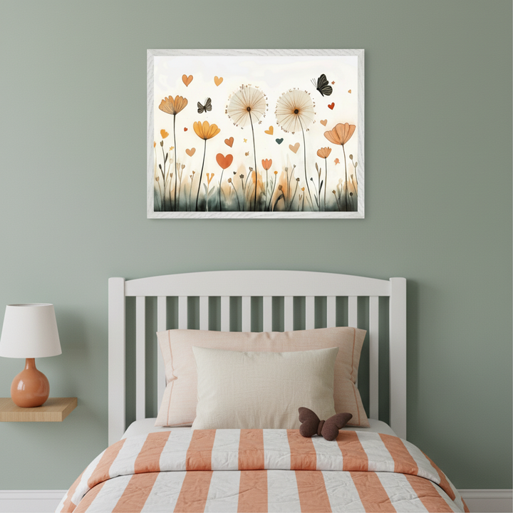 Kid's bedroom with a white slatted bed against a sage green wall. A framed watercolor art print hangs centered above the bed, depicting dandelions, flowers, colorful hearts, and black butterflies in a field. An orange lamp sits on a floating shelf to the left.
