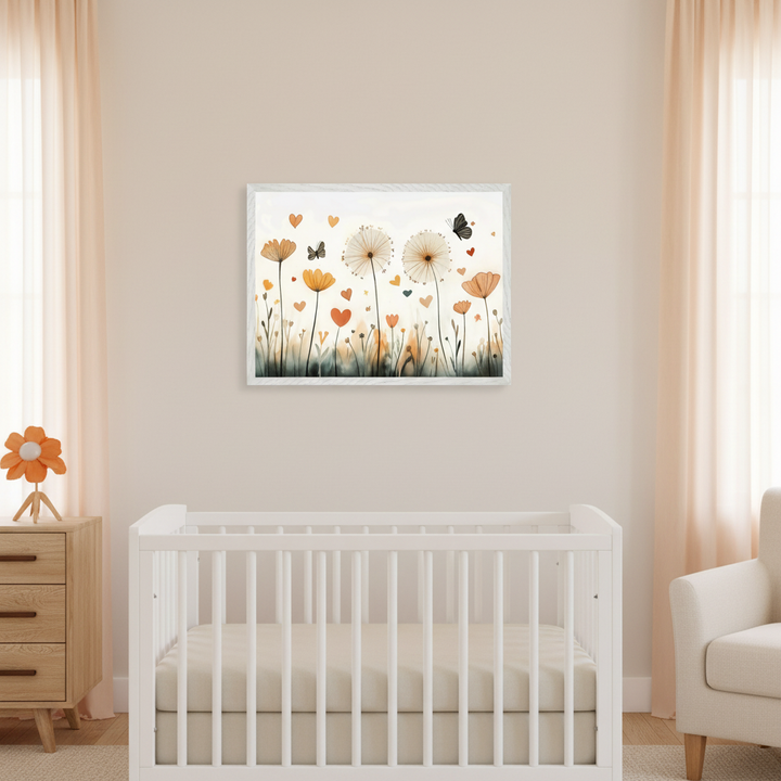 Modern nursery with a white crib, wooden dresser, and armchair. A framed watercolor art print featuring dandelions, assorted flowers, butterflies, and hearts in warm tones hangs above the crib.