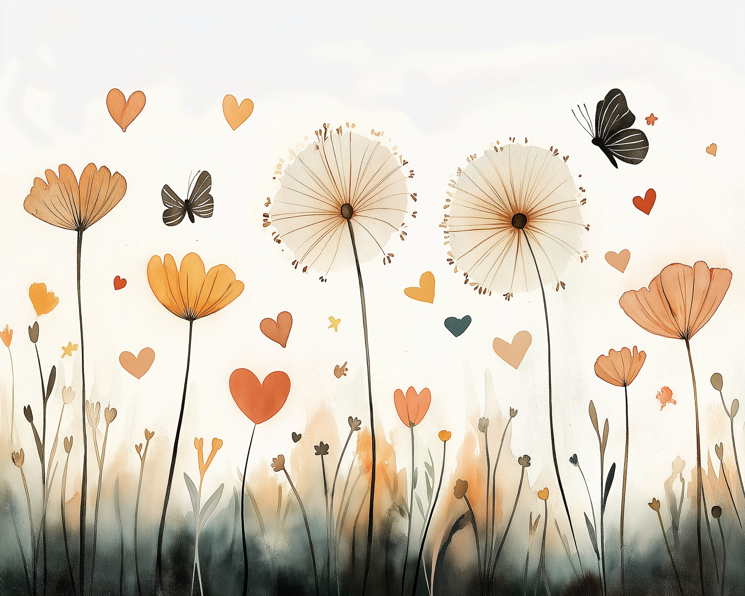 A minimalist floral illustration featuring tall orange and beige flowers, dandelions, and scattered heart shapes. Two black butterflies flutter among the blooms in a gentle, airy setting.