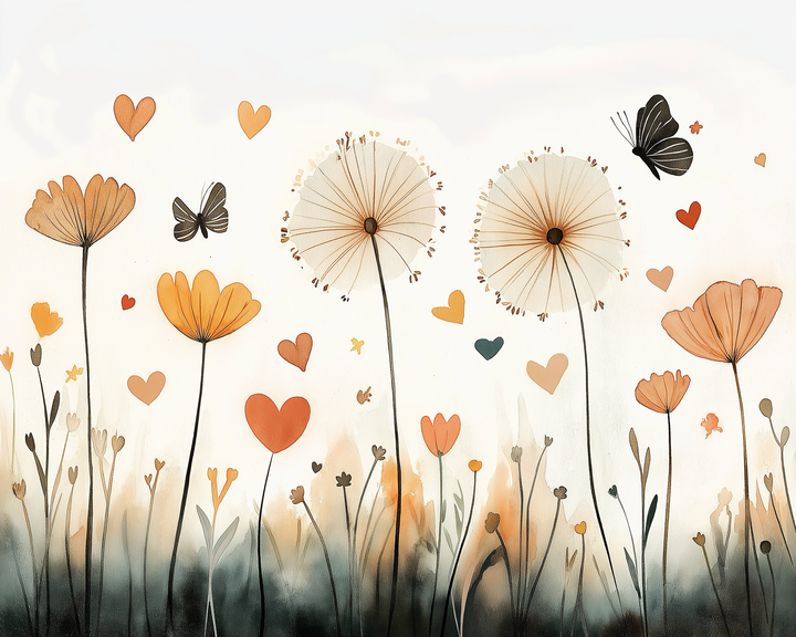 A minimalist floral illustration featuring tall orange and beige flowers, dandelions, and scattered heart shapes. Two black butterflies flutter among the blooms in a gentle, airy setting.