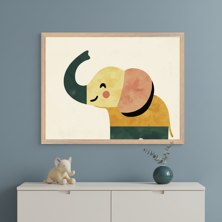 Modern kid's room with a blue wall. A large framed print of a stylized, textured elephant with a green trunk and yellow, pink, and orange body hangs above a white dresser. An elephant figurine and teal vase sit on the dresser.