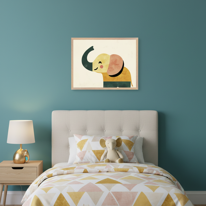Modern kid's bedroom with a teal wall. A framed print of a smiling, stylized elephant in yellow, pink, and dark teal hangs above a single bed with a cream fabric headboard. A wooden nightstand with a gold elephant lamp sits on the left. The bed has geometric bedding and an elephant plush.