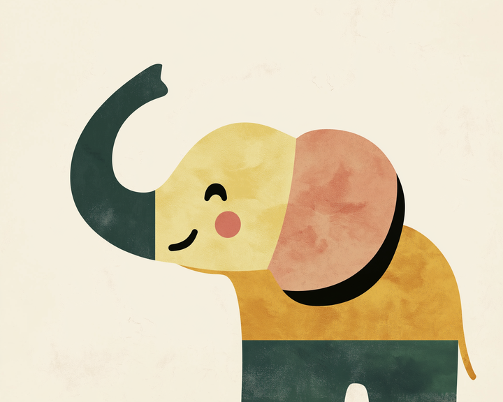 A cute, stylized elephant with blocky shapes in mustard yellow, dark green, and pink blush cheeks, standing against a cream background. Its trunk is raised in a cheerful gesture.