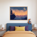 Kid's bedroom with a blue headboard bed, orange duvet, purple and yellow pillows. A framed painting of two foxes on a cliff overlooking mountains under a starry, crescent moon sky hangs centered above the bed. A fox plush toy sits on the headboard.