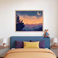 Kid's bedroom with a blue headboard bed, orange duvet, purple and yellow pillows. A framed painting of two foxes on a cliff overlooking mountains under a starry, crescent moon sky hangs centered above the bed. A fox plush toy sits on the headboard.