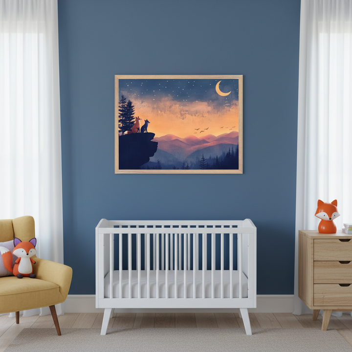 Modern nursery with a dark blue wall. A white crib sits below a framed artwork depicting two foxes on a cliff overlooking mountains under a crescent moon and starry, orange-blue sky. A yellow armchair is to the left, and a wooden dresser to the right.