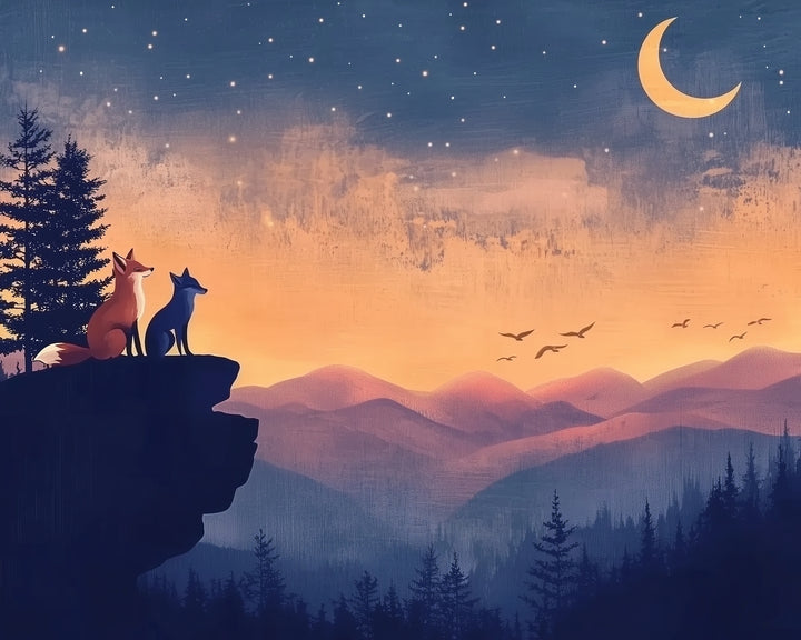 Two foxes sit on a cliff’s edge, silhouetted against a dreamy sunset sky with a crescent moon and scattered stars. The landscape features layered purple and pink mountains, pine trees, and birds flying toward the horizon.