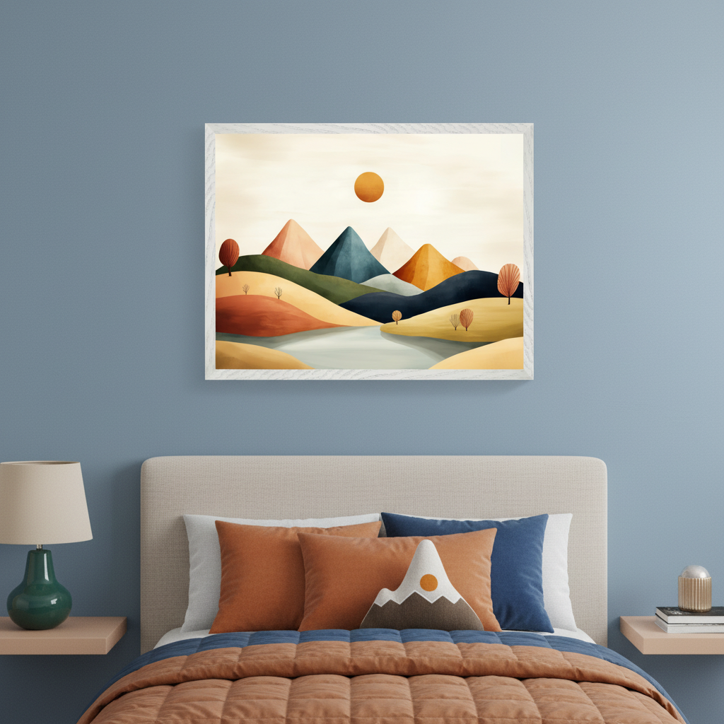 Modern bedroom with a bed featuring a beige headboard and orange bedding. A framed abstract minimalist landscape painting with colorful mountains, hills, a lake, and an orange sun hangs centered above the bed.