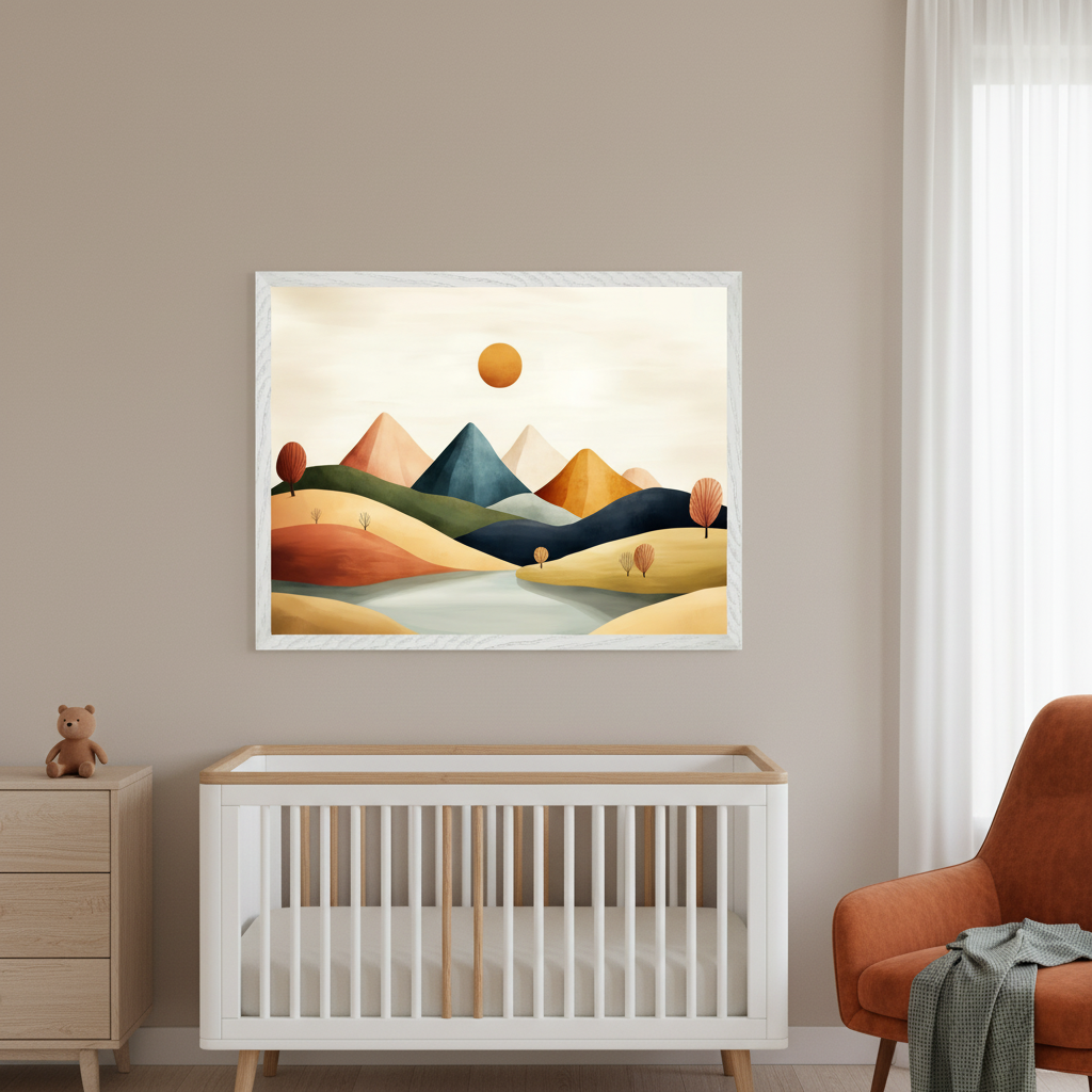 Modern nursery with a white and wood crib. A large framed abstract landscape print hangs above the crib, depicting colorful mountains, a river, trees, and an orange sun. A wooden dresser with a teddy bear is on the left, and an orange armchair with a green blanket is on the right.