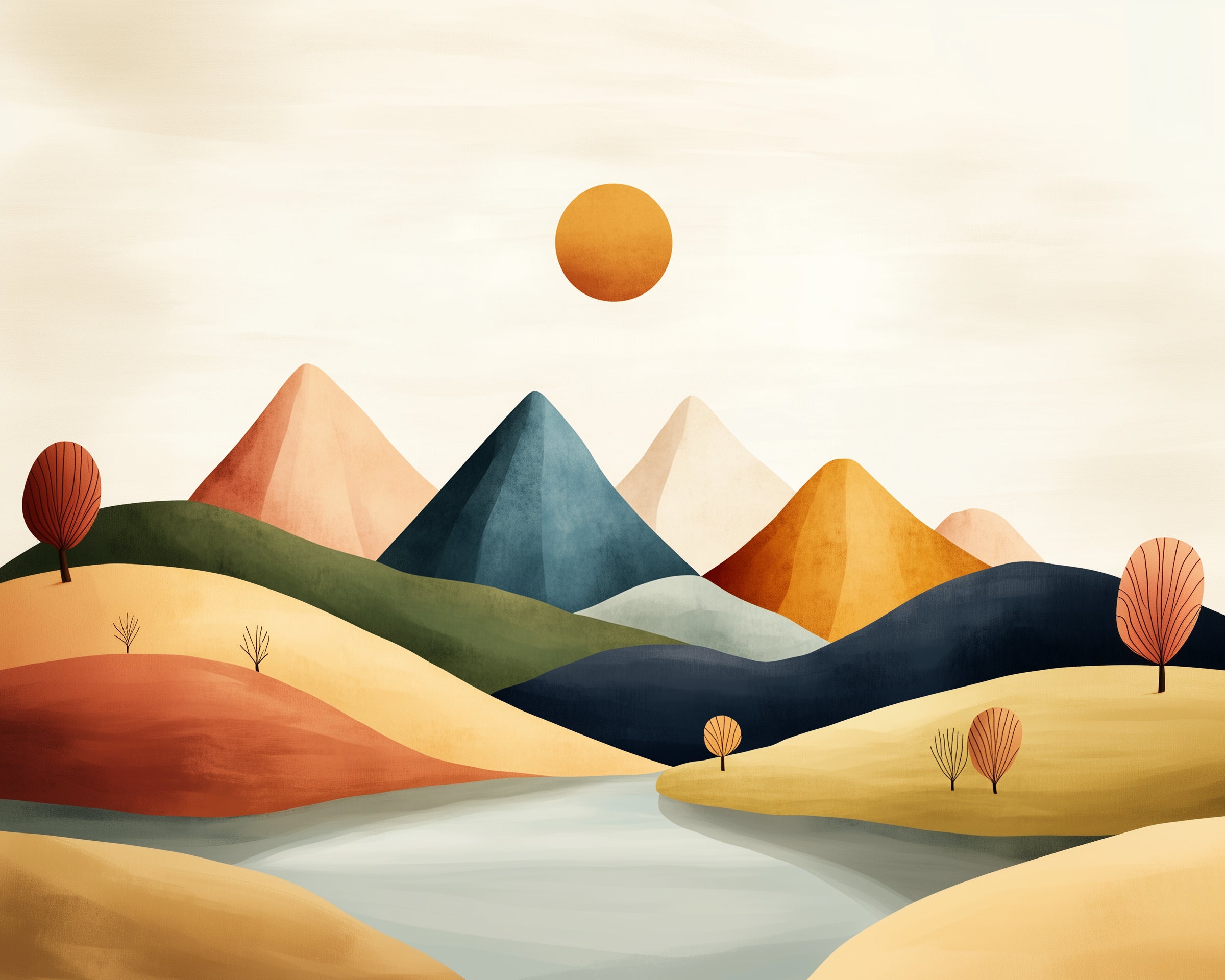  A serene landscape with abstractly painted mountains in warm and cool tones, a golden sun overhead, and rolling hills and a winding river in the foreground.
