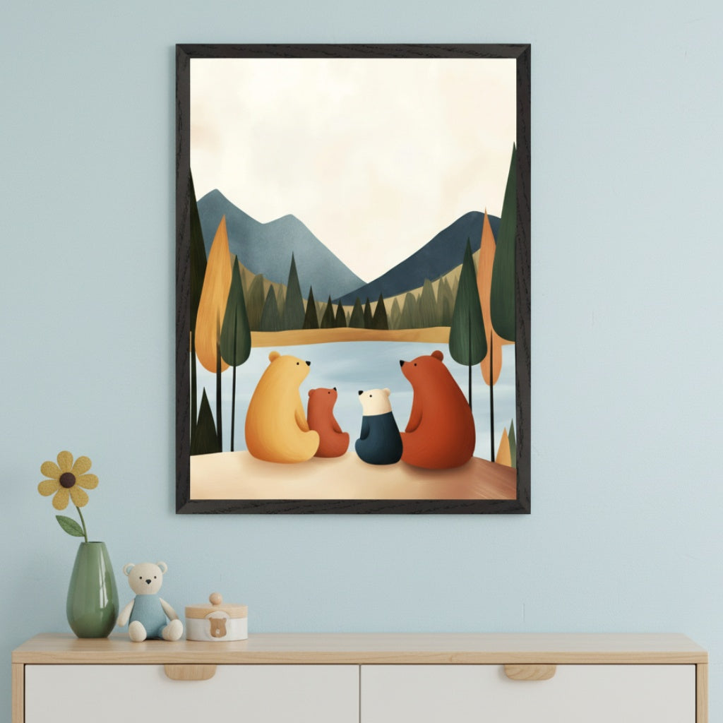Kid's room with a light blue wall and a light wood and white dresser. A framed stylized illustration of four bears (yellow, red, white, dark blue) sitting by a lake with mountains and trees is centered above the dresser.