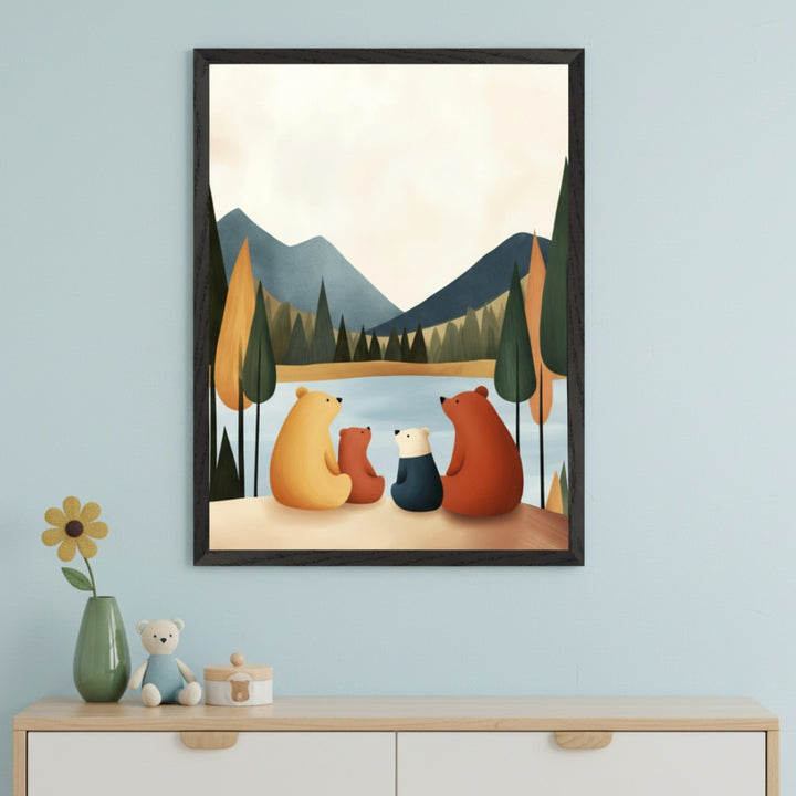 Kid's room with a light blue wall and a light wood and white dresser. A framed stylized illustration of four bears (yellow, red, white, dark blue) sitting by a lake with mountains and trees is centered above the dresser.