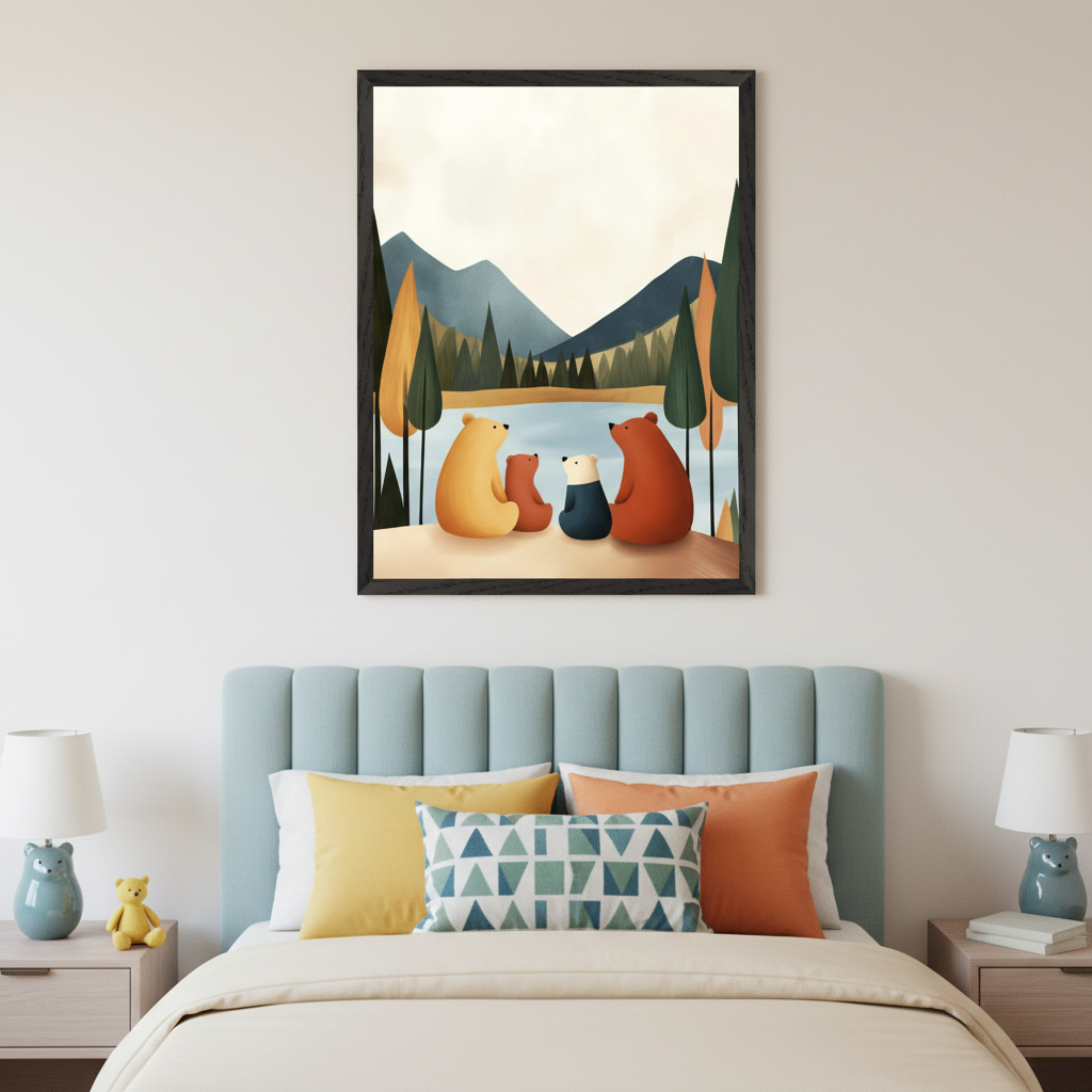 Kid's bedroom with a bed, light blue tufted headboard, and two nightstands with bear lamps. Centered above the bed hangs a large framed illustration of a bear family (two adults, two cubs) by a lake with mountains and trees.