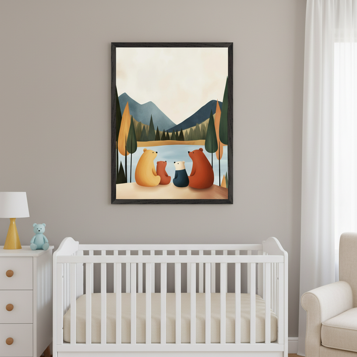 Neutral-toned nursery with a white crib, beige bedding, white dresser, and cream armchair. A black-framed wall art hangs centered above the crib, showing four cartoon-style bears by a lake with mountains and trees in the background.