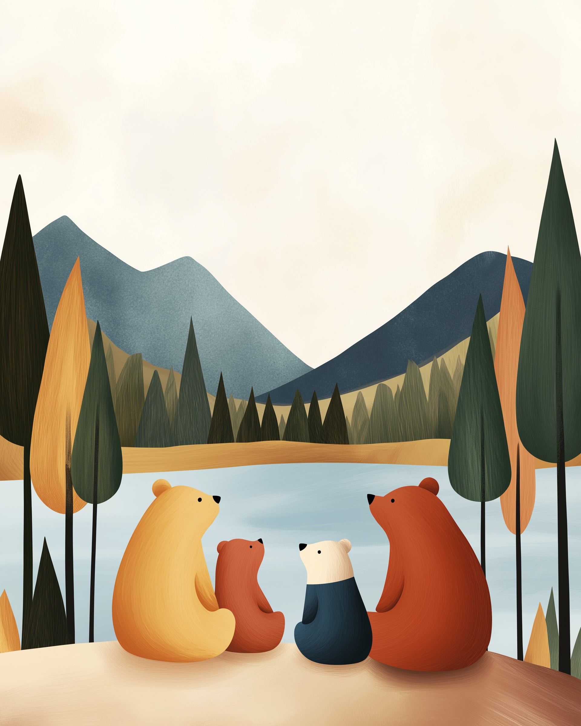 Four stylized bears in varying shades of brown sit together by a lake, surrounded by tall trees and mountains, creating a peaceful family scene in nature.