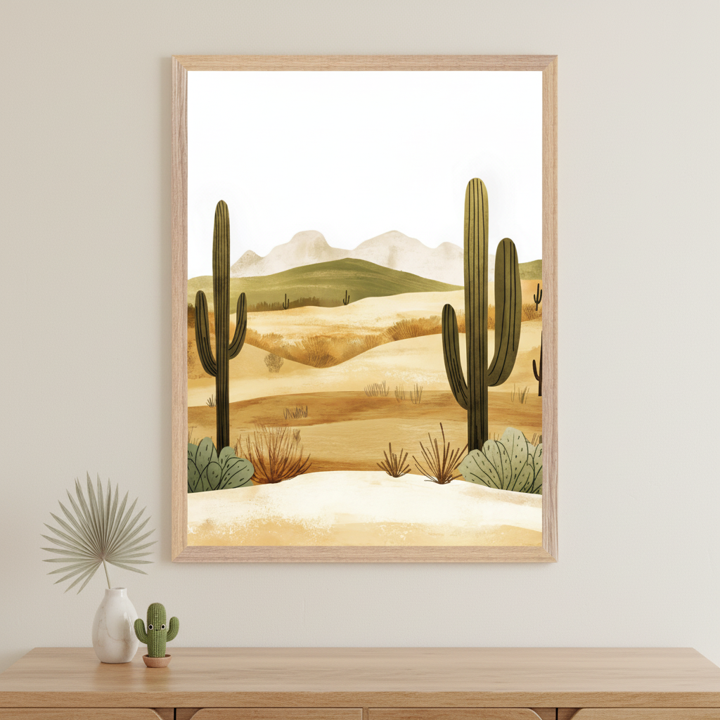 Modern room with a light wood dresser. Above it, a framed stylized desert landscape print depicts saguaro cacti, dunes, and mountains. A vase with a palm leaf and a small cactus figurine are on the dresser.