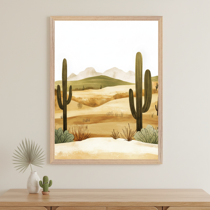Modern room with a light wood dresser. Above it, a framed stylized desert landscape print depicts saguaro cacti, dunes, and mountains. A vase with a palm leaf and a small cactus figurine are on the dresser.