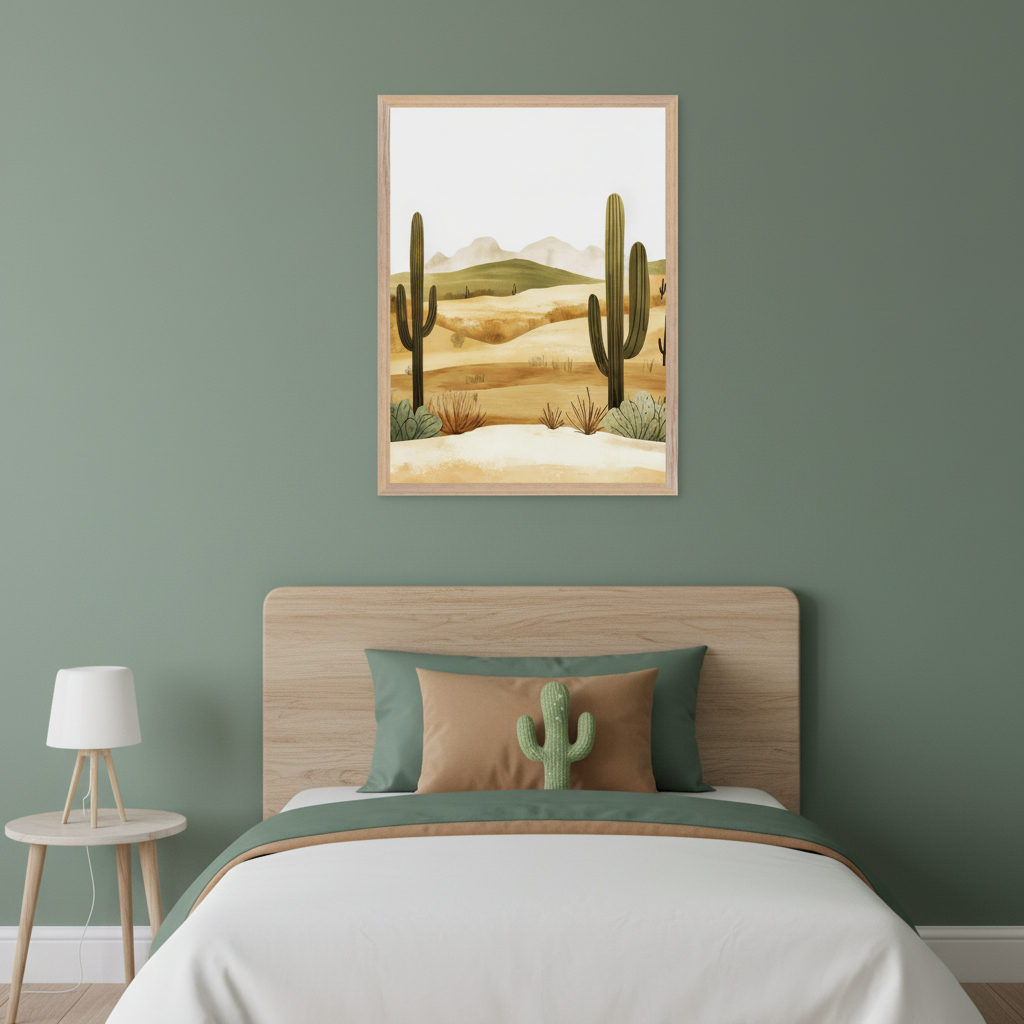 Bedroom with sage green walls, a wooden headboard, and a single bed with white, green, and brown bedding, featuring a cactus pillow. A light wood nightstand with a white lamp sits on the left. A framed desert landscape painting with large saguaro cacti and hills hangs above the bed.