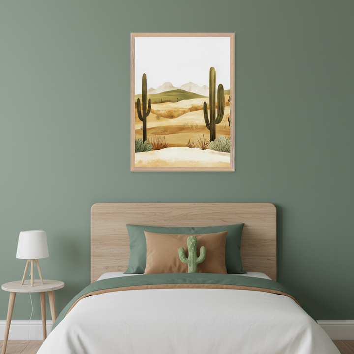 Bedroom with sage green walls, a wooden headboard, and a single bed with white, green, and brown bedding, featuring a cactus pillow. A light wood nightstand with a white lamp sits on the left. A framed desert landscape painting with large saguaro cacti and hills hangs above the bed.