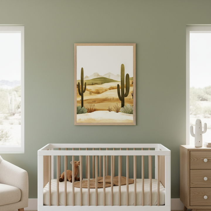 Modern nursery with sage green walls, a white and wood crib, and a light wood dresser. A framed desert landscape illustration with saguaro cacti and hills hangs above the crib.