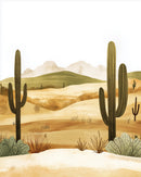 A minimalist desert illustration featuring tall green cacti, sandy terrain, dry shrubs, and faint mountains in the background under a bright, blank sky.
