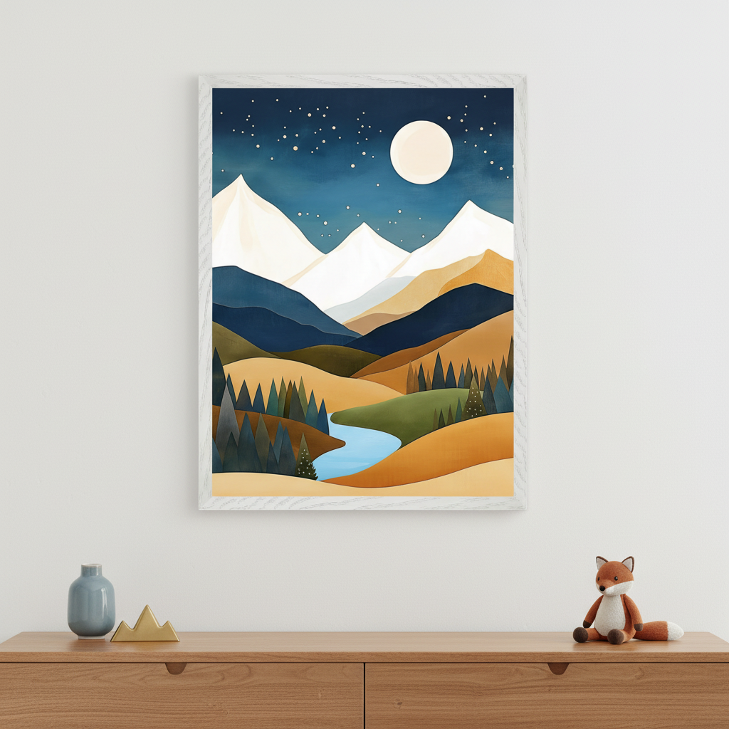 Modern kid's room with a light wooden dresser. A framed artwork hangs centered above, showing a stylized landscape with white mountains, rolling hills, a blue river, pine trees, and a dark blue night sky with a full moon and stars. A blue vase, gold decor, and a stuffed fox sit on the dresser.