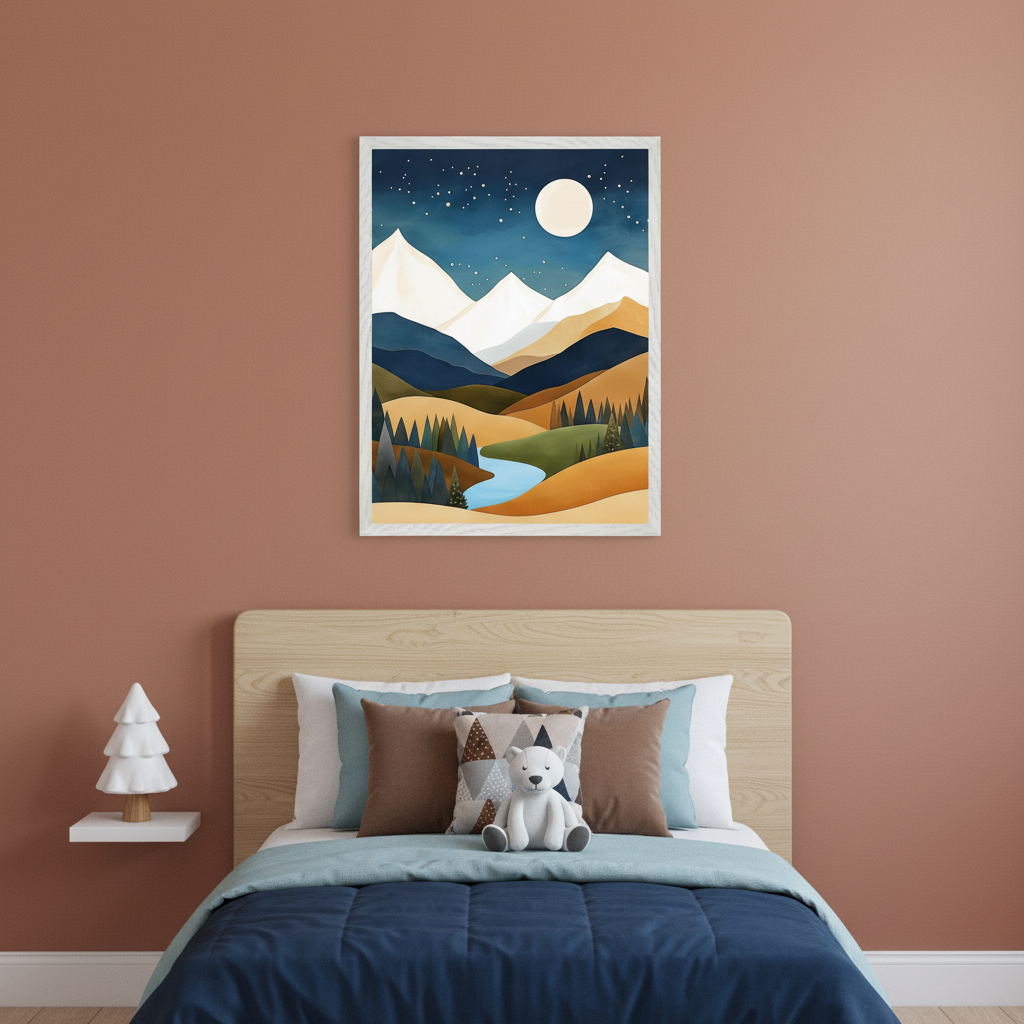 Kid's bedroom with a wooden bed. A framed, stylized night mountain landscape with a river, trees, moon, and stars hangs above the bed. A white teddy bear and a decorative tree are also visible.