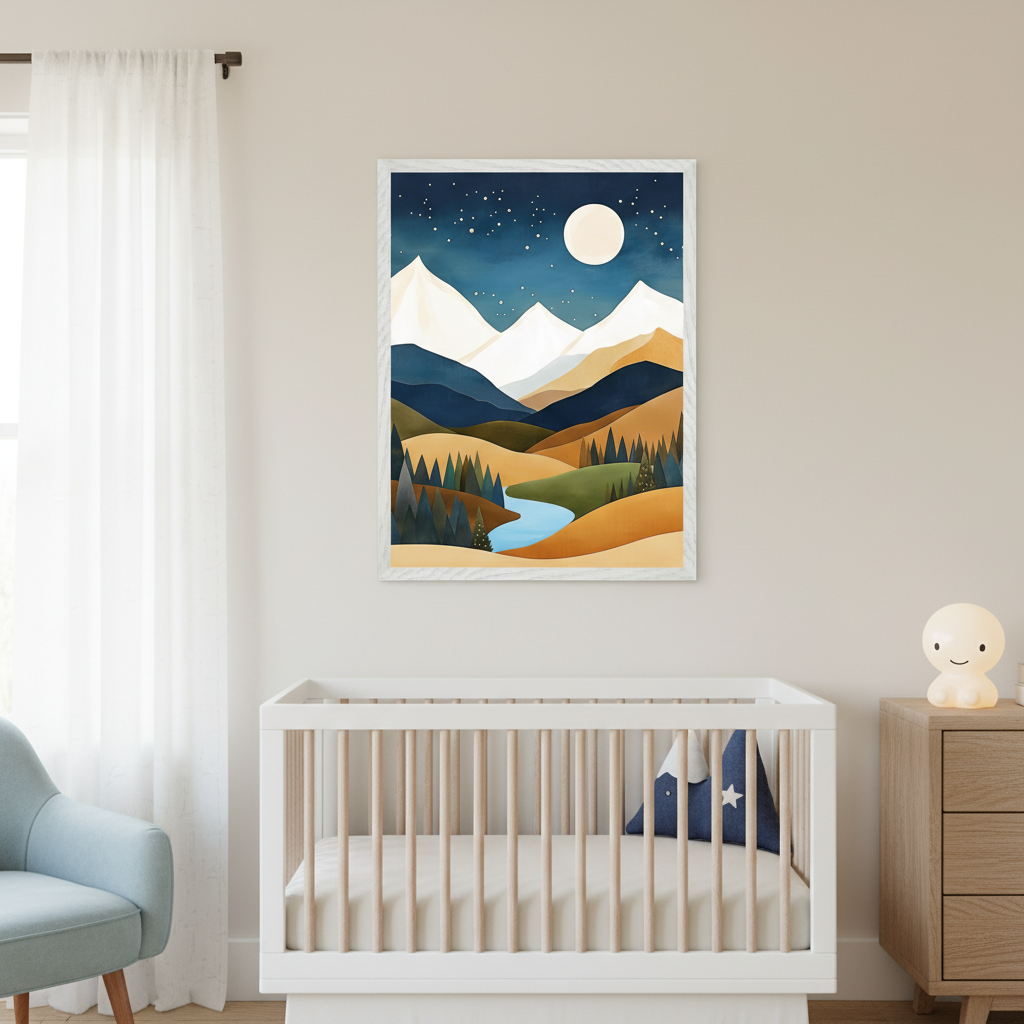 Modern nursery with a white crib and light blue armchair. A framed print of a stylized mountain landscape at night, with snow-capped peaks, a river, full moon, and stars, hangs above the crib. A wooden dresser is on the right.