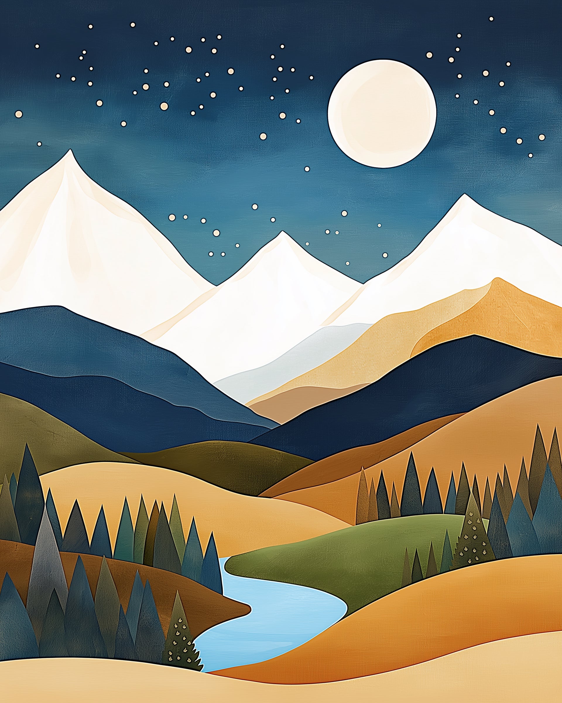 A stylized night scene of snowy mountain peaks under a star-filled sky, with a winding river and rolling hills lined with trees in the foreground.
