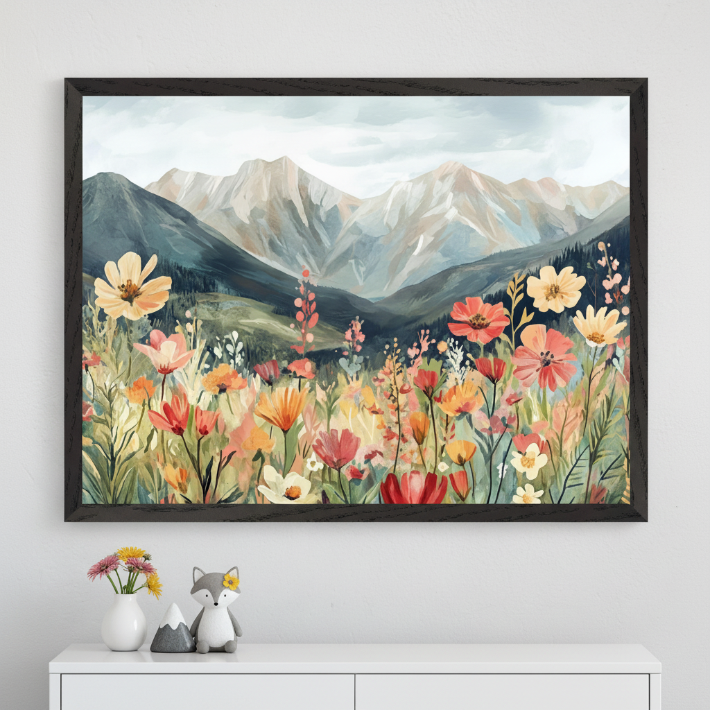 Modern room with a white dresser. A large, dark-framed painting of a mountain landscape with a vibrant wildflower field in the foreground hangs centered above the dresser.