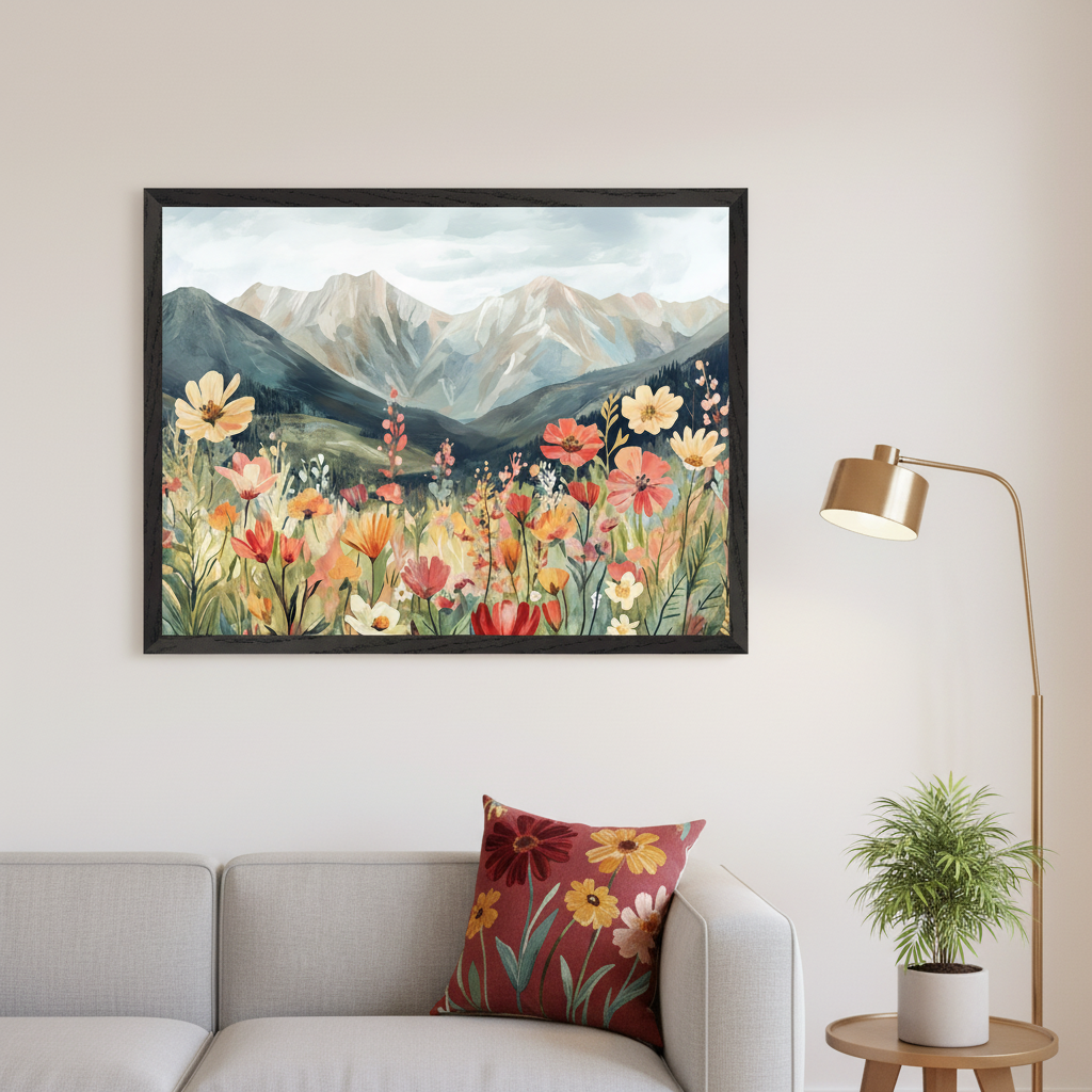 Living room with a light gray sectional sofa. A large framed painting of a vibrant field of red, orange, and yellow wildflowers in front of green hills and rugged mountains hangs centered above the sofa. A floral throw pillow and a gold floor lamp are also present.