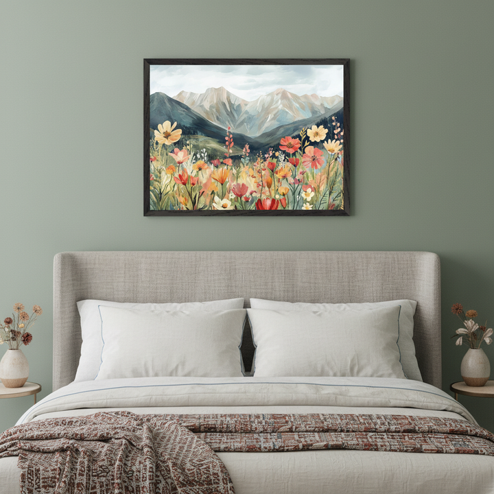 Modern bedroom with a bed and gray upholstered headboard. A framed painting of colorful wildflowers and mountains hangs centered above the bed.
