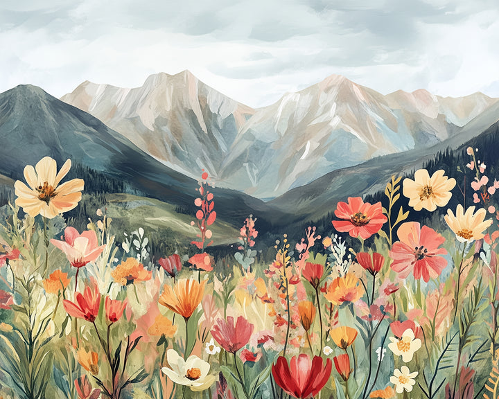 A vibrant field of colorful wildflowers stretches across the foreground with towering, misty mountains rising in the background under a cloudy sky.