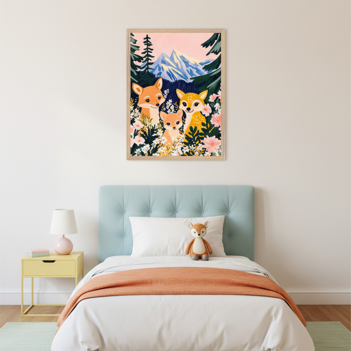 Kid's bedroom with a light blue tufted bed and yellow nightstand. A framed illustration of three cartoon forest animals among flowers with mountains in the background hangs centered above the bed.