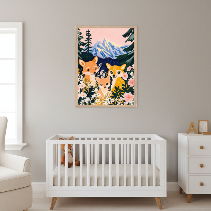 Modern nursery with a white crib, armchair, and dresser. A large framed print of a deer family in a colorful forest with flowers and mountains, in an illustrative style, hangs centered above the crib.