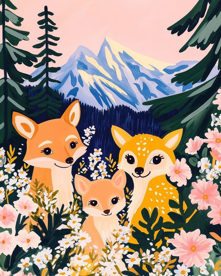 A vibrant illustration of a fox, a fawn, and a fox cub nestled in a colorful field of wildflowers, with snow-capped mountains and tall evergreen trees in the background under a soft pink sky.