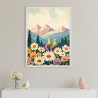 Modern child's room with a white dresser. A large framed colorful landscape painting hangs centered above the dresser. The painting depicts two yellow birds in a field of daisies, with pine trees and mountains under a cloudy sky, in a painterly style.