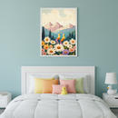 Kid's bedroom with a white bed and light blue walls. A large framed painting of two yellow birds in a field of white and colorful daisies, with mountains and pine trees in the background, hangs centered above the bed. The bed has pastel pillows and a yellow duck toy. A white duck lamp is on the right nightstand.