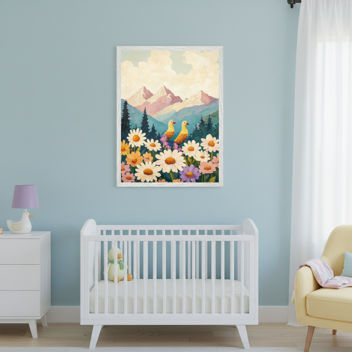 Modern nursery with a white crib, dresser, and yellow armchair. On the light blue wall, a framed illustration above the crib depicts two birds in a daisy field with mountains and trees in the background.