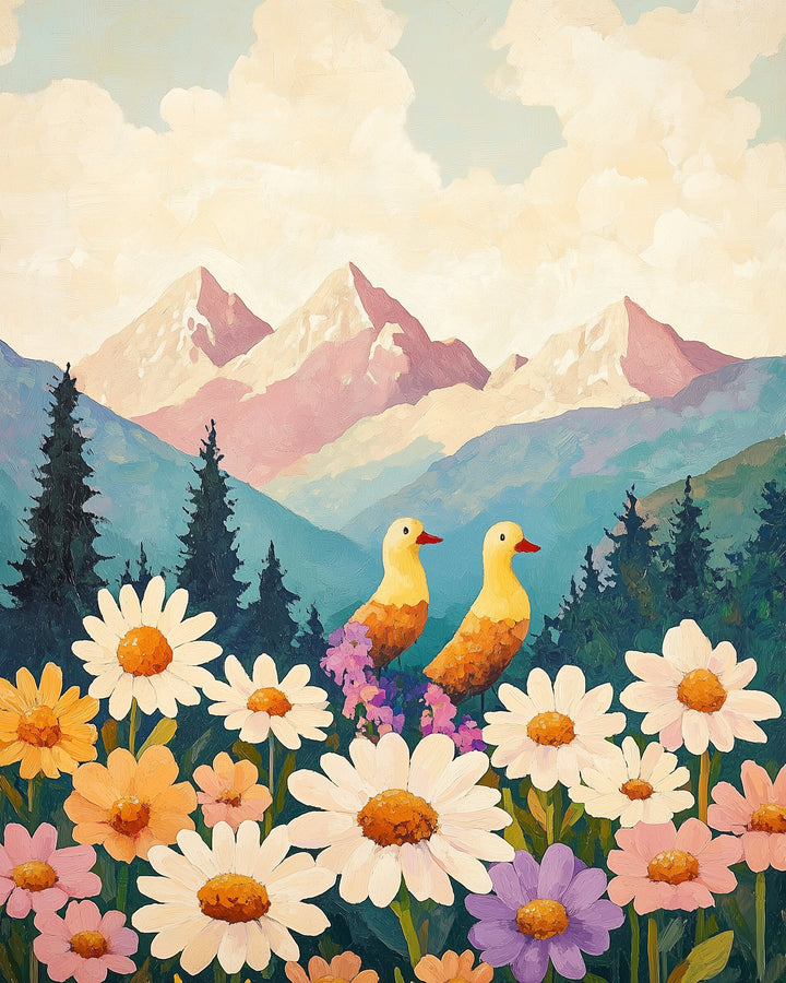 Two yellow ducks stand among colorful daisies and wildflowers in the foreground of a vibrant mountain landscape with pine trees and pastel-toned peaks.
