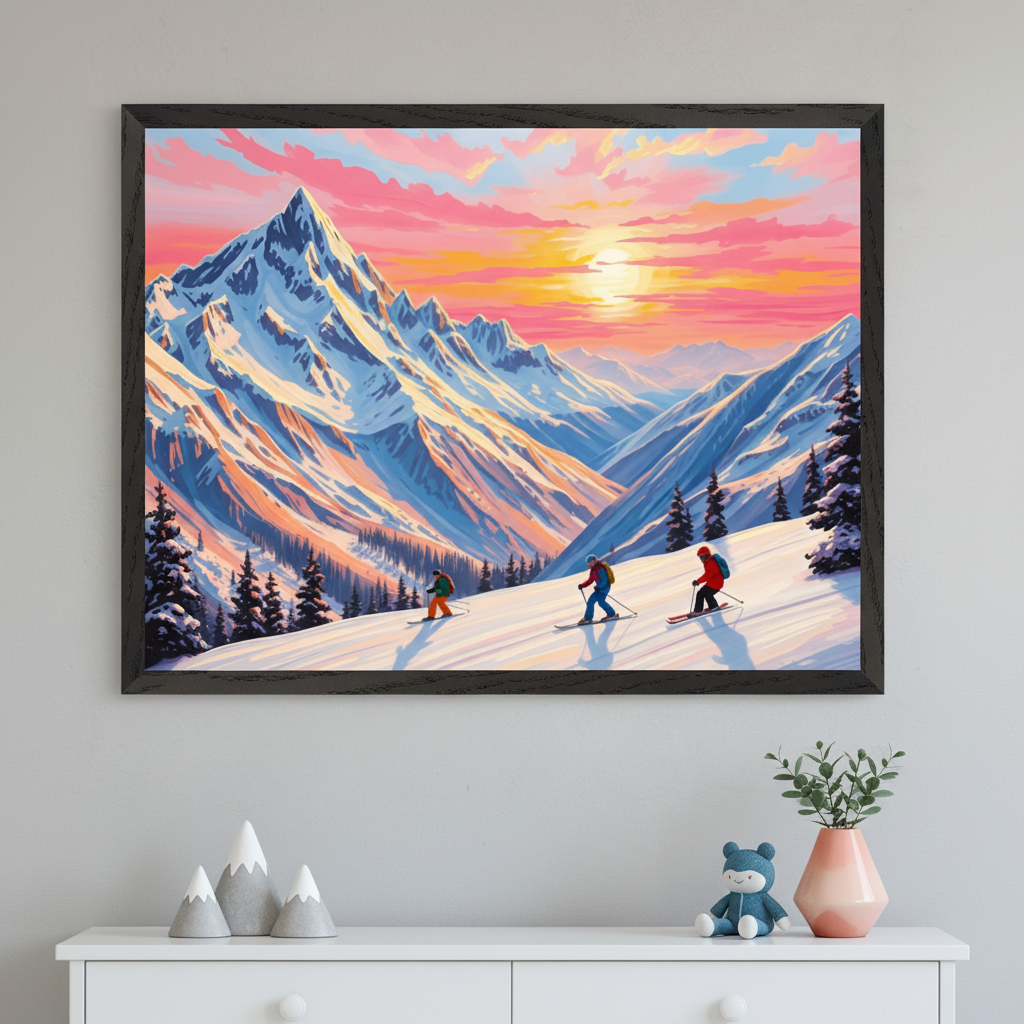 Modern child's room with a white dresser. A large framed vibrant painterly artwork depicting a snowy mountain landscape at sunset with three skiers hangs centered above the dresser.