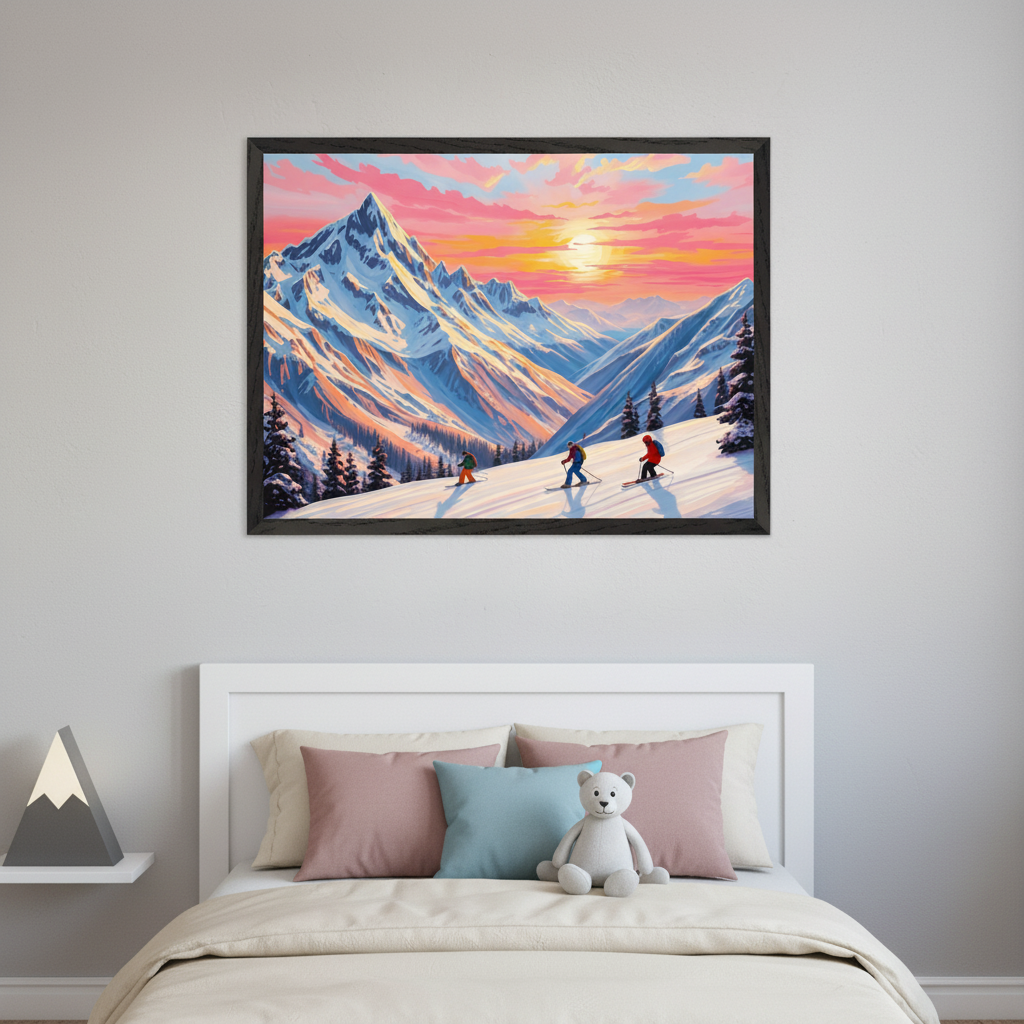 Kid's bedroom with a white bed and headboard. A framed painting of a vibrant snowy mountain landscape with three skiers on a slope, illuminated by a pink and orange sunset, hangs above the bed.