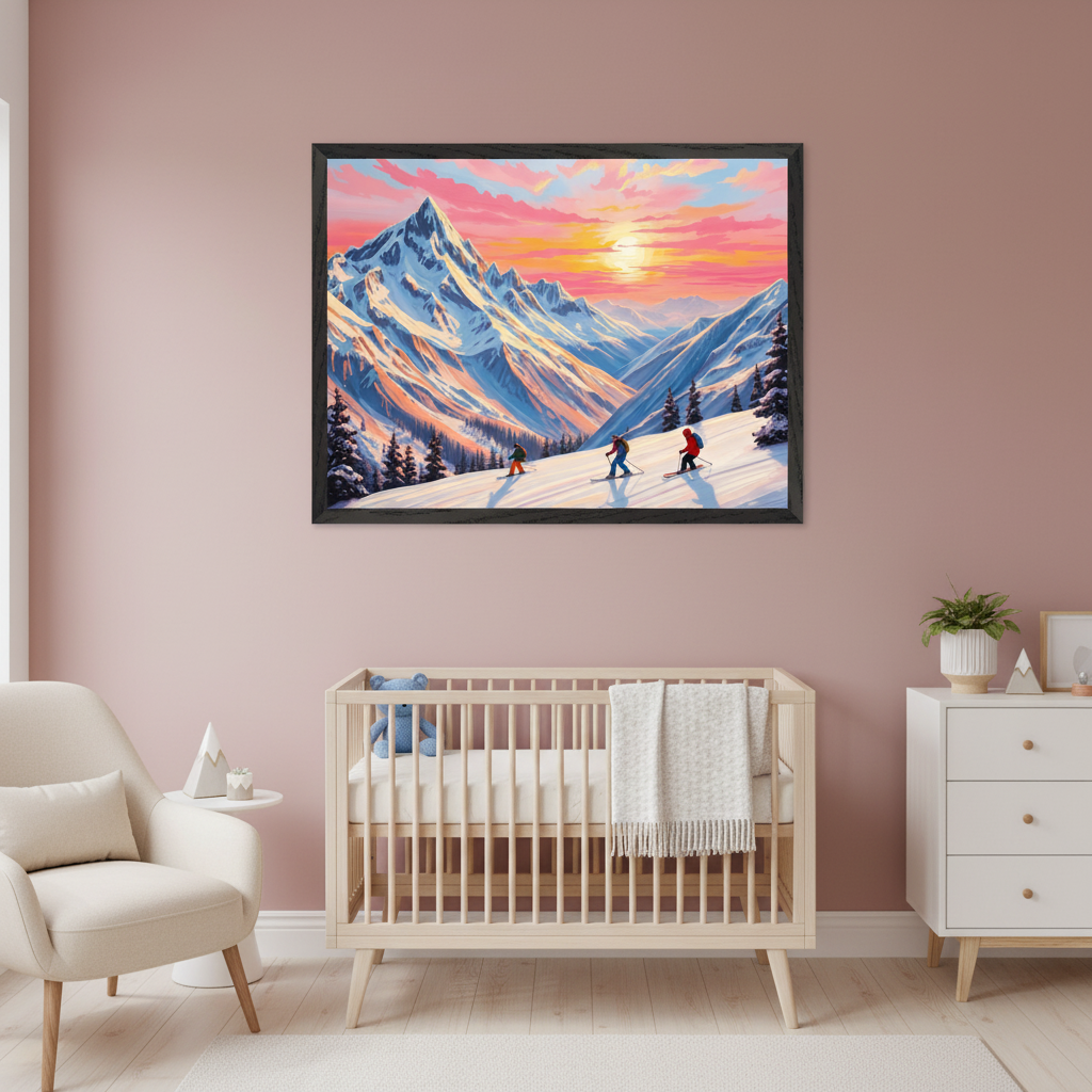 Modern nursery with a light wood crib, white armchair, and dresser. A large framed painting of a snowy mountain range with a sunset and three skiers in the foreground hangs above the crib.