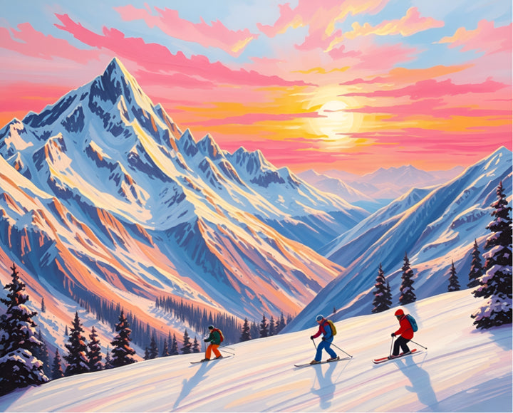 Three skiers glide down a snowy mountain slope surrounded by dramatic snow-covered peaks glowing in the vivid pink and orange hues of sunset.