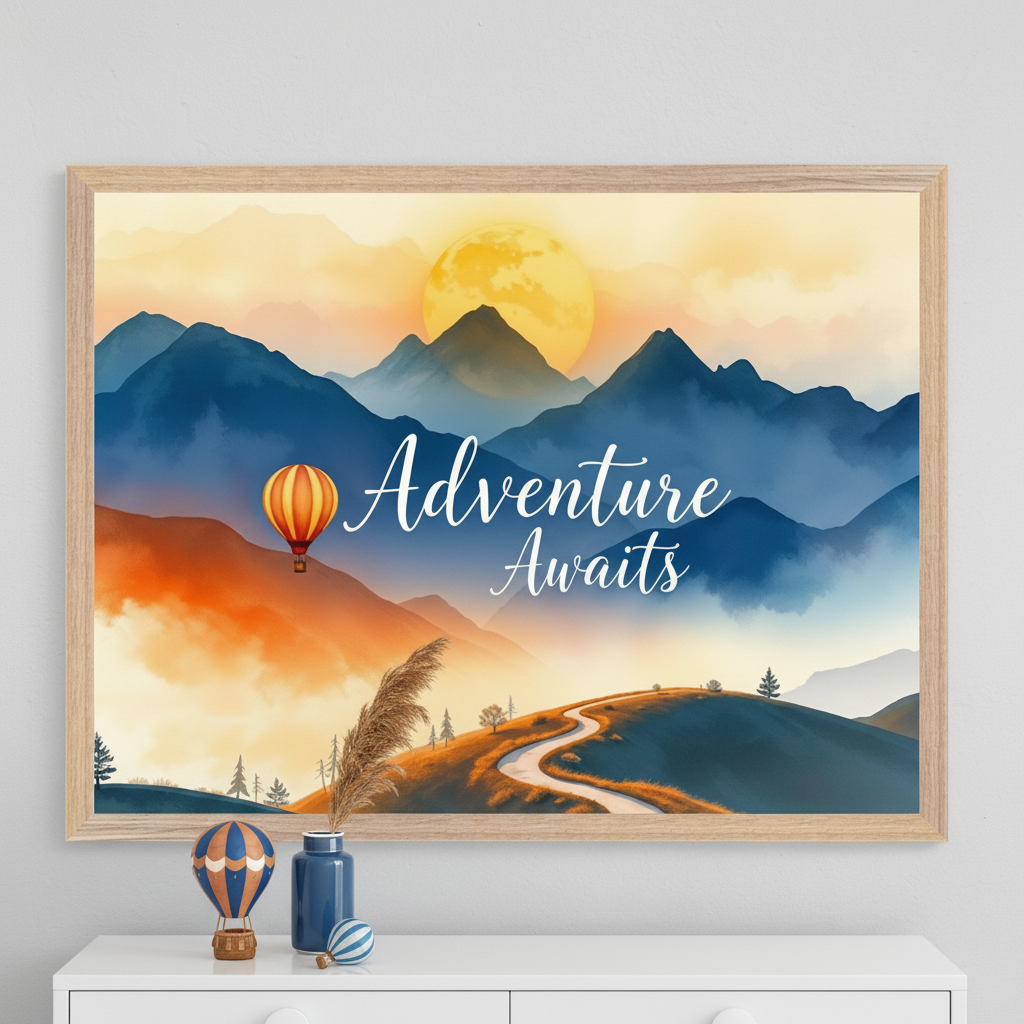 Modern room with a white dresser. Centered above it hangs a framed watercolor-style print of blue mountains, a large yellow sun, an orange hot air balloon, a winding road, and "Adventure Awaits" text.
