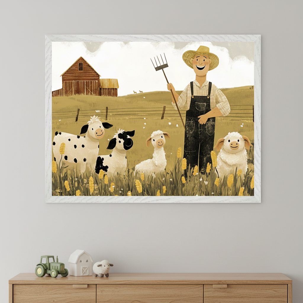 Kid's room with a wooden dresser. A framed illustration of a smiling farmer, two calves, and two lambs in a cornfield with a barn hangs centered above the dresser. Toys: a green tractor, white barn, and sheep on the dresser.