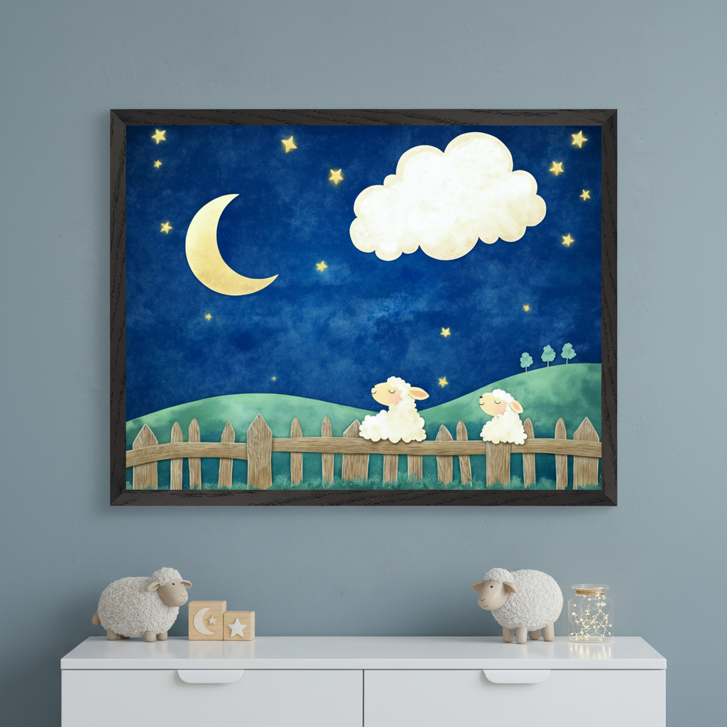 Modern nursery with a white dresser against a blue-gray wall. A framed print of an illustrated night scene with a moon, stars, a cloud, and two sleeping sheep on a fence over green hills hangs centered above the dresser.