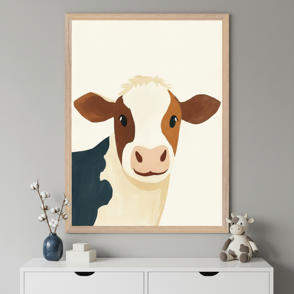 Modern nursery with a white dresser against a gray wall. A large framed, stylized painting of a brown, white, and dark blue cow looking forward hangs centered above the dresser. A vase with cotton branches and a cow plush toy are on the dresser.